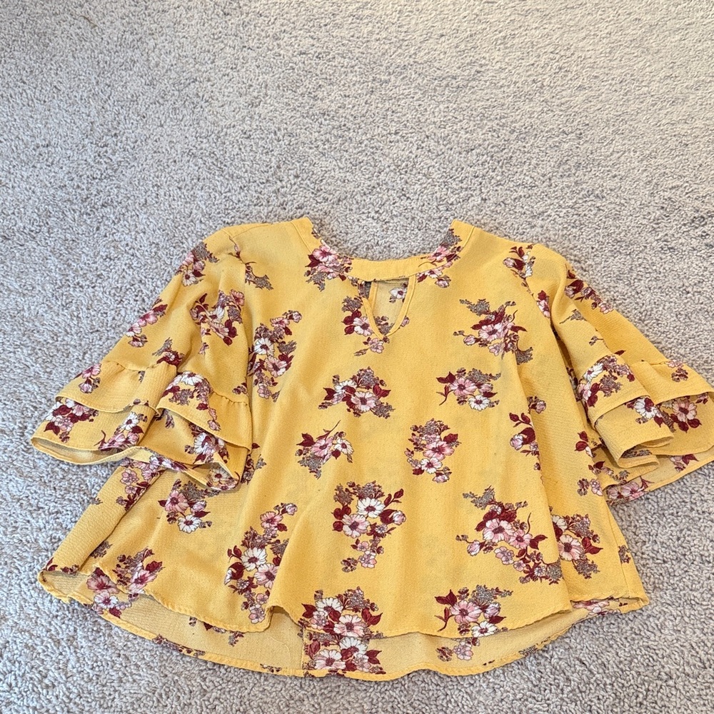 URBAN Romantics Mustard Yellow Floral Ruffle Sleeve Blouse